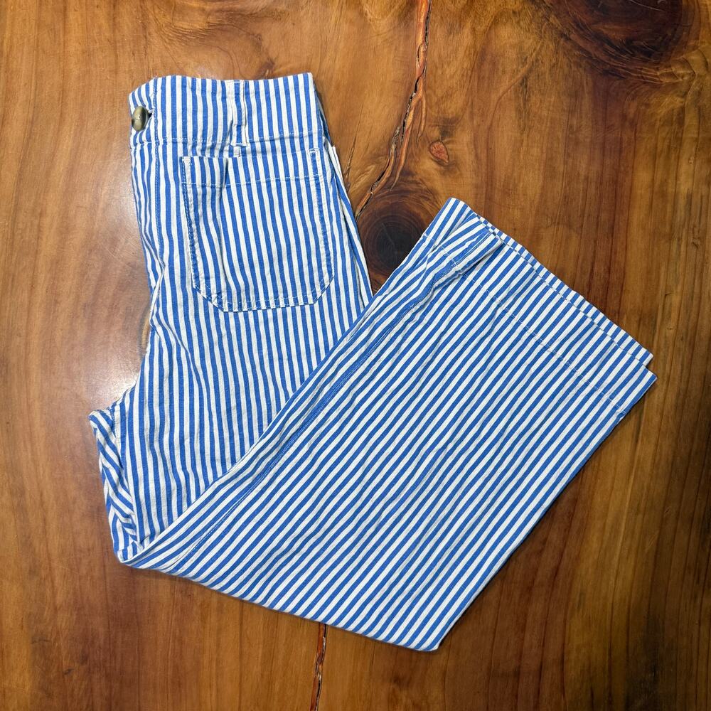 Maeve Blue and White Striped Straight Leg crop pant from Anthropologie
